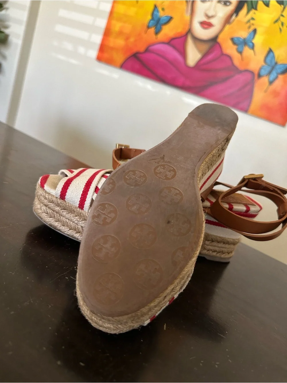 Tory Burch Red and White Striped “Karissa”Espadrille Wedges with Tan Ankle Strap